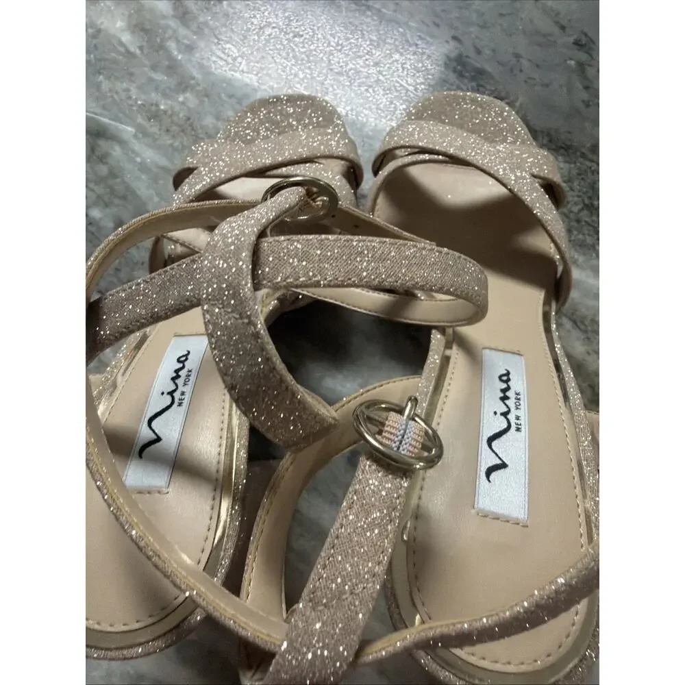 Nina SHELIA NUDE GLITTER NET BLOCK-HEEL PLATFORM SANDALS ANKLE-STRAP 7.5 SRS2